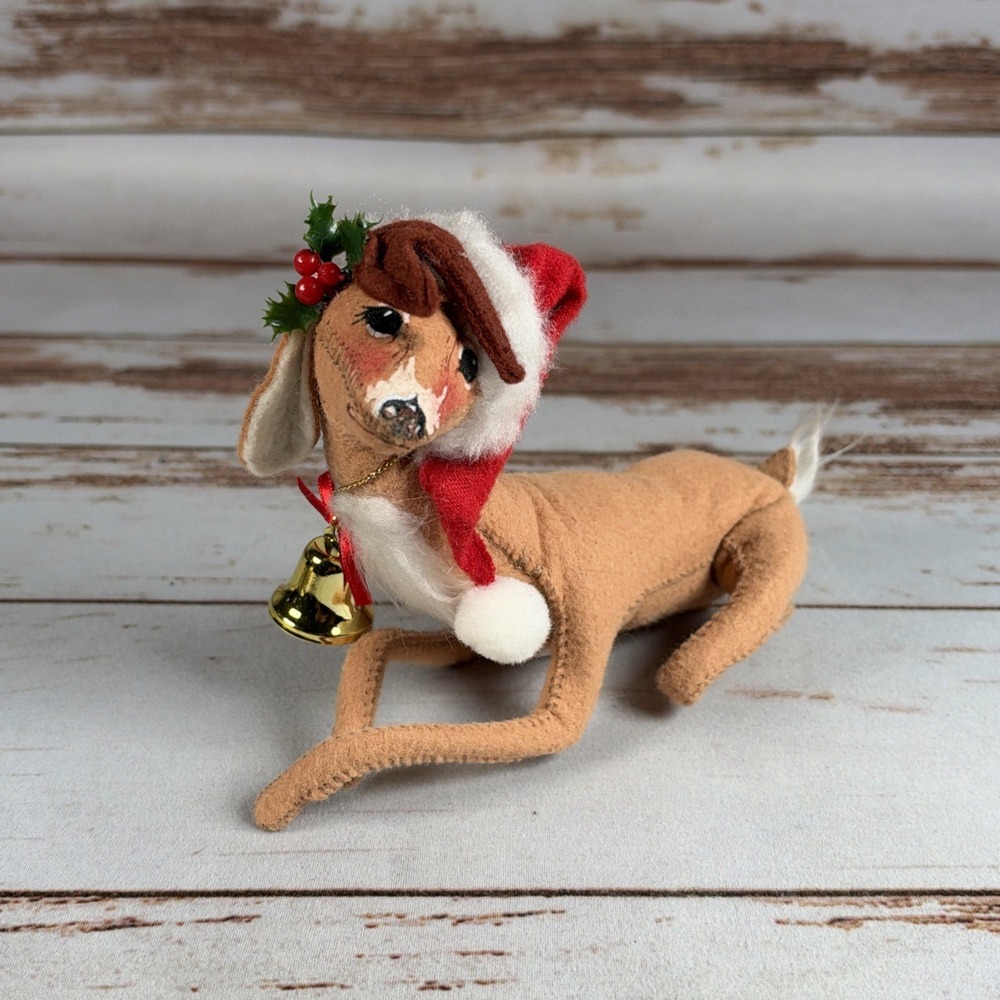 VTG Annalee 1994 Christmas Reindeer Plush Doll Santa Hat Holly Brass Bell 6"